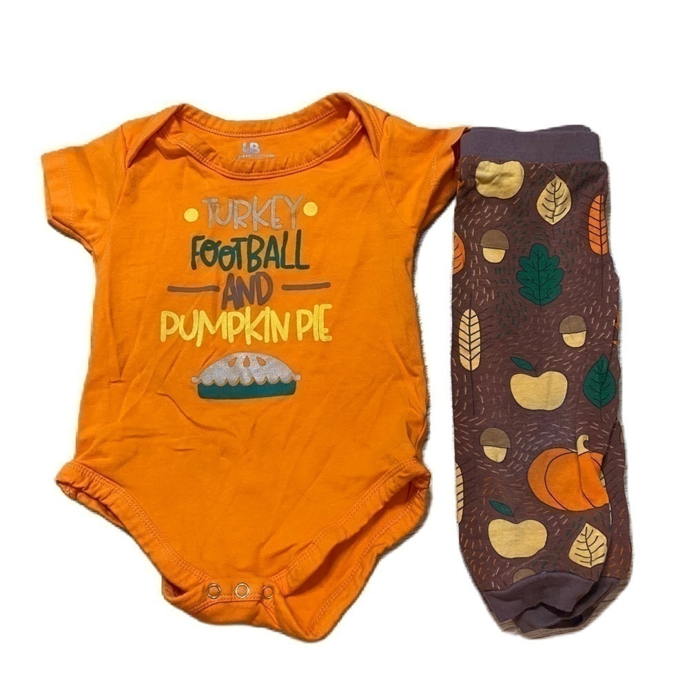 Thanksgiving Outfit 12 Months Turkey Football And Pumpkin Pie Orange Brown Green